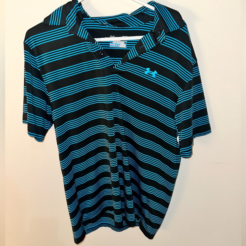 Dark Gray Large Under Armor Polo with Blue Horizontal Stripes